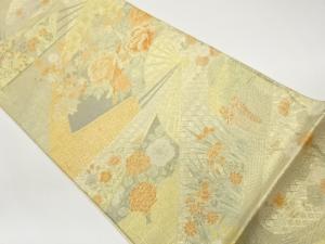 佐賀錦扇に孔雀・花々模様織出し袋帯